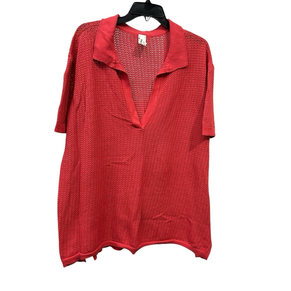 Pact Red Open-Knit Collared Tunic Top